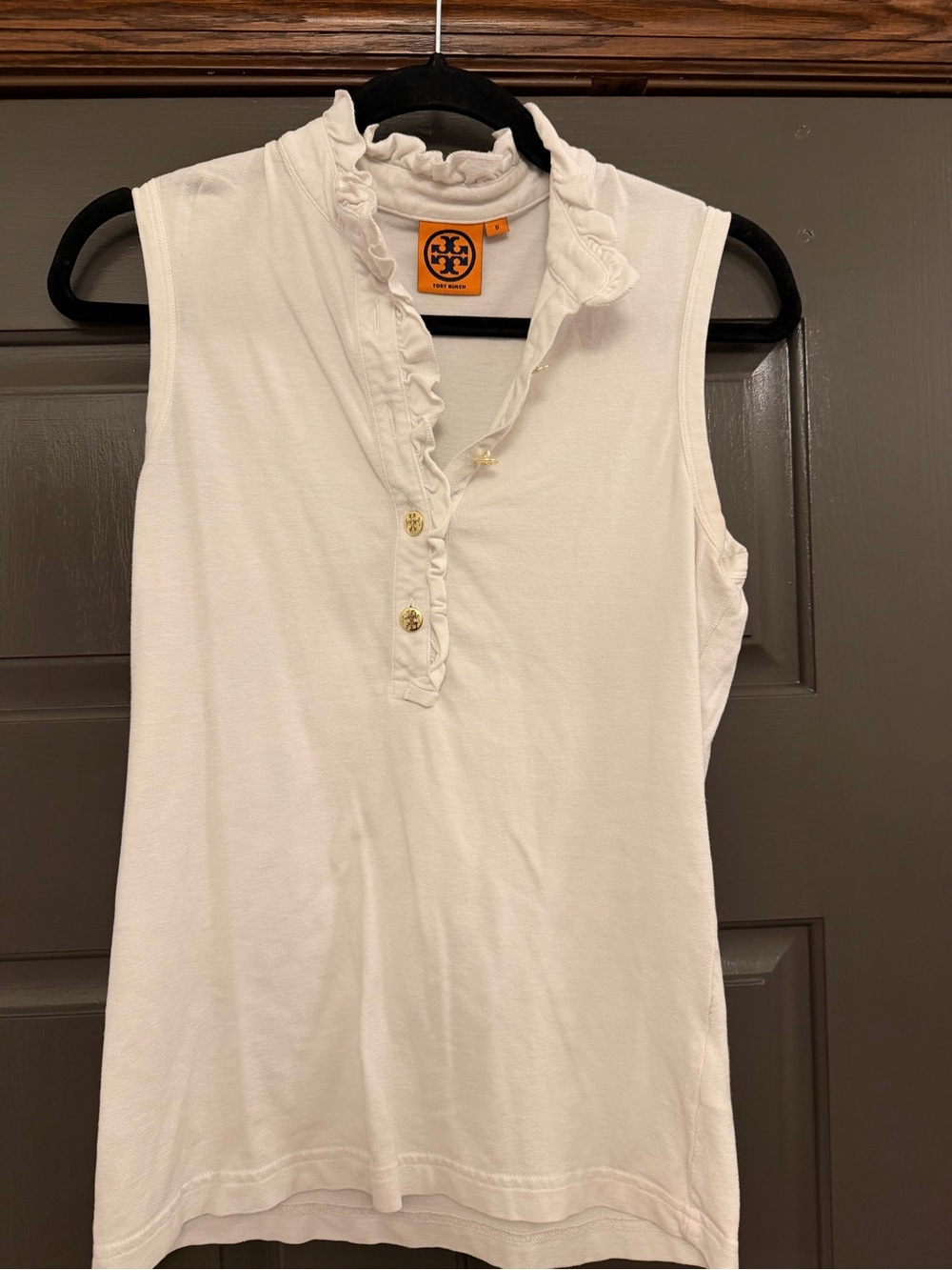 Tory Burch White Ruffle-Trim Sleeveless Polo Tank